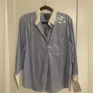 J. Crew Blue and White Striped garconne button down with sequins sz 12 NWT